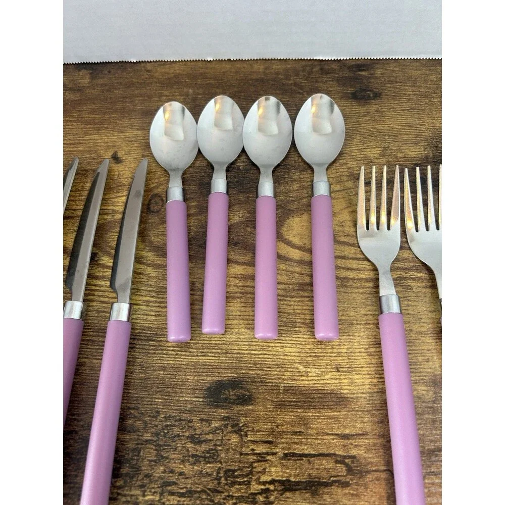 Vintage Style 15Pc Pink Flatware Set 1810 Stainless Steel Retro Mauve Handle Set